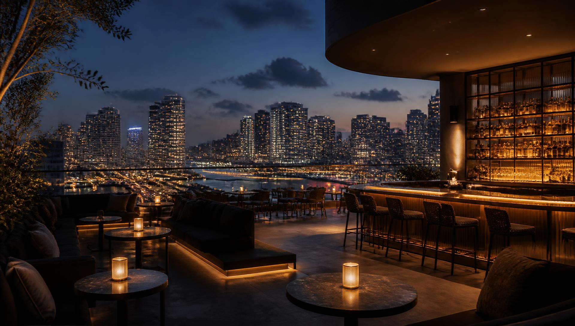Rooftop lounge overlooking the Miami skyline at night